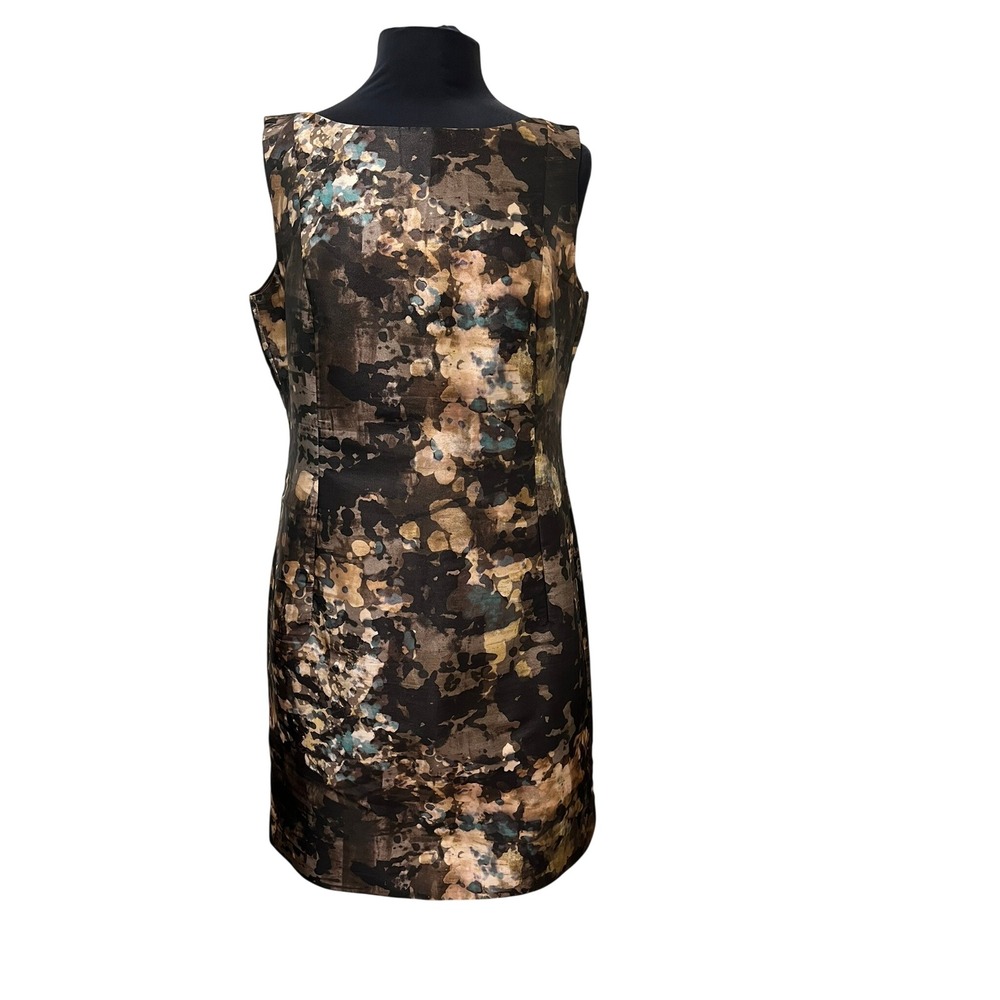 Lafayette 148 New York Silk Blend Abstract Print Sheath Dress Bronze Gold Sz 12